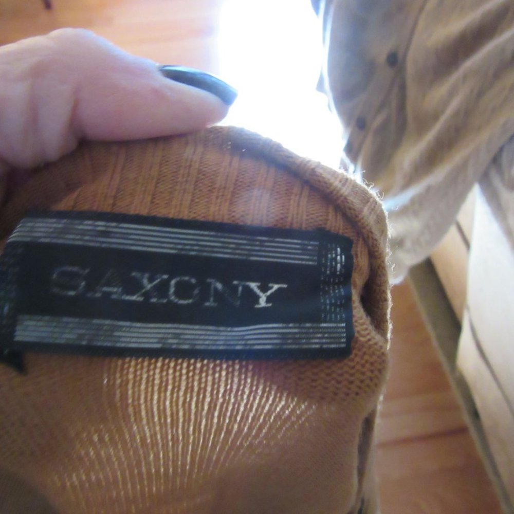 Vintage New w Tags, Saxony Cognac Suede/Leather &Acrylic Sweater in Size L - Picture 7 of 8